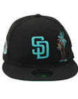 New Era 59Fifty MLB San Diego Padres 50 Aniv. SidePatch Black and Blue with a Palm Fitted Hat