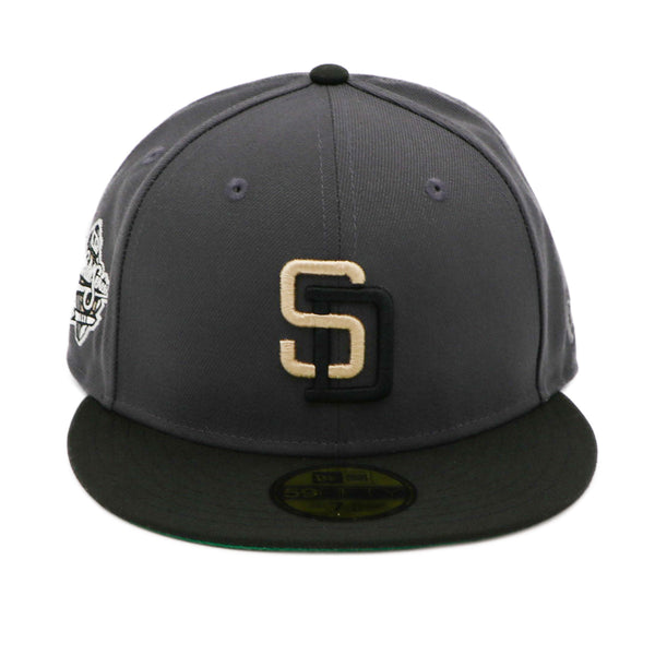 SAN DIEGO PADRES MLB 59FIFTY 59FIFTY CREAM CROWN BLACK VISOR DARK  GRAY/BLACK SWINGING FRIAR LOGO 1998 WORLD SERIES SIDE PATCH UV now…