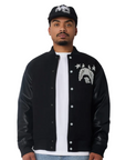 Reason International Rhinestone Vegan Leather Varsity Jacket