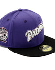 A 2-tone purple and black fitted hat with the San Diego Padres script logo, a 25th Anniversary side patch, and a pink under visor.