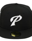 Black baseball cap with a white logo on a white background