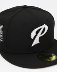 Black baseball cap with a logo on a white background