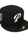 Black baseball cap with a logo on a white background