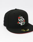 San Diego Padres Rose SD Black Fitted Hat with SD Black Side patch and heart on the back