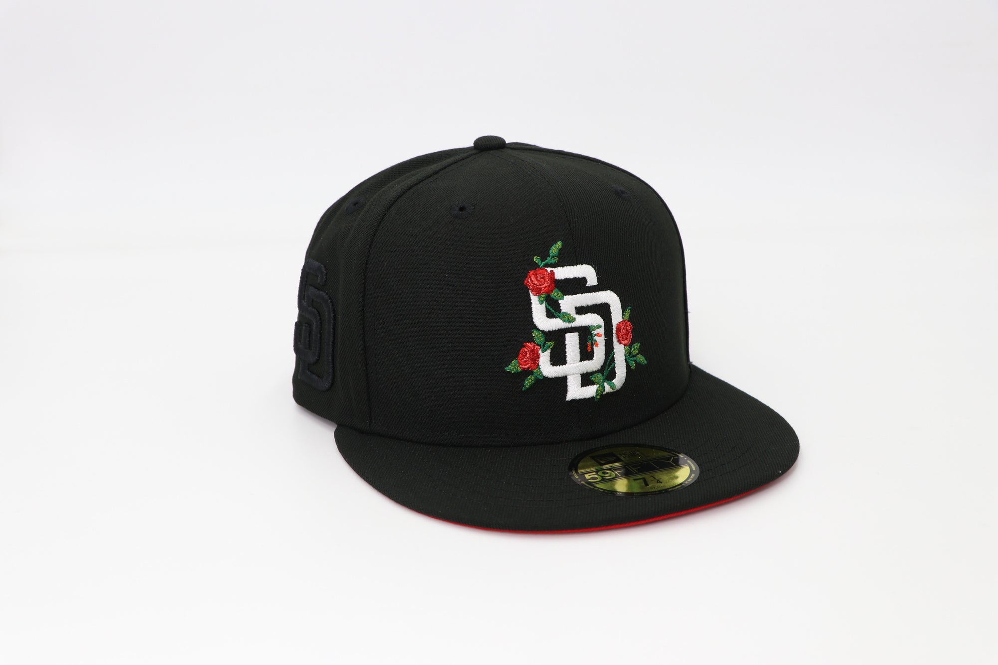 San Diego Padres Rose SD Black Fitted Hat with SD Black Side patch and heart on the back