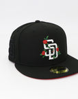 San Diego Padres Rose SD Black Fitted Hat with SD Black Side patch and heart on the back