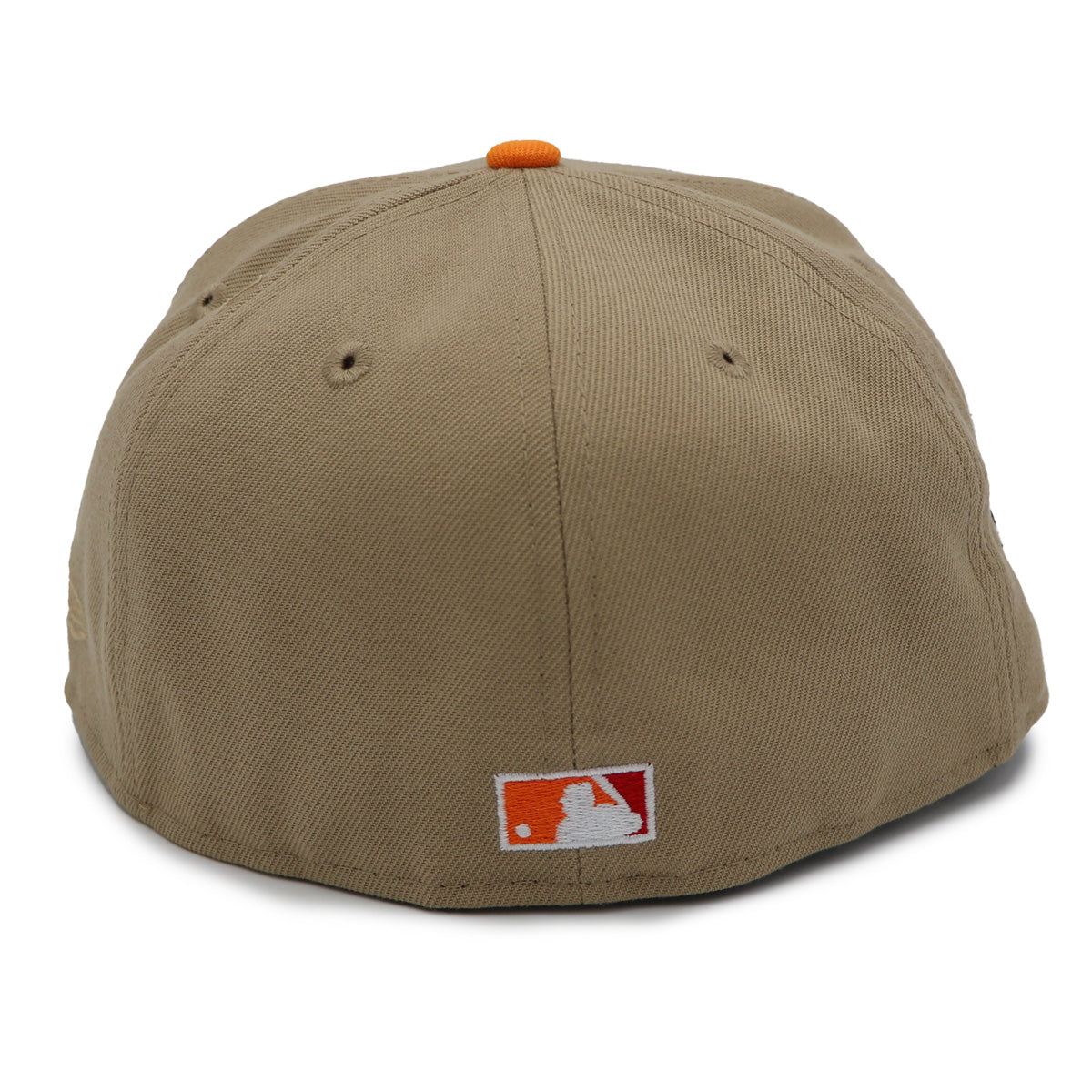 A fitted hat with the San Diego Padres logo, featuring a two-tone kakhi and orange design with a red under visor.