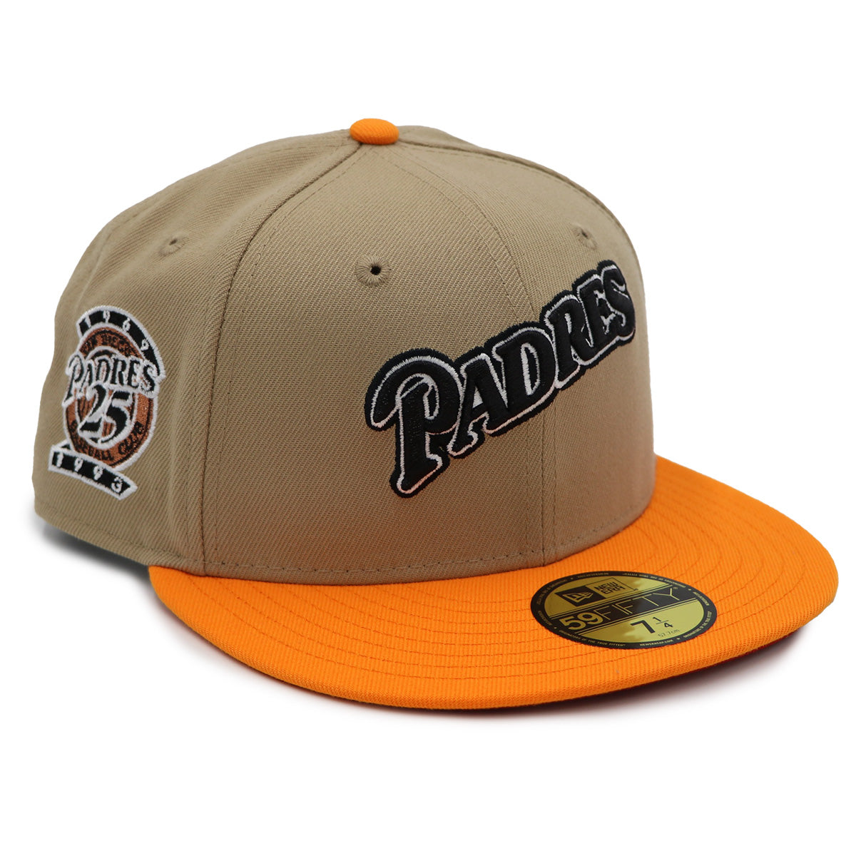 A fitted hat with the San Diego Padres logo, featuring a two-tone kakhi and orange design with a red under visor.