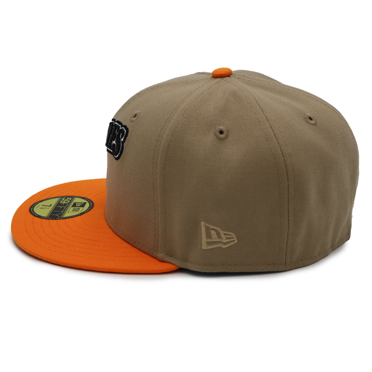 A fitted hat with the San Diego Padres logo, featuring a two-tone kakhi and orange design with a red under visor.