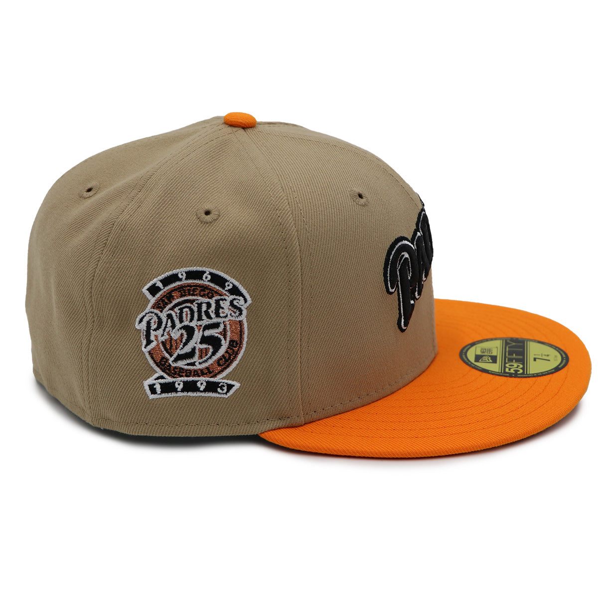 A fitted hat with the San Diego Padres logo, featuring a two-tone kakhi and orange design with a red under visor.