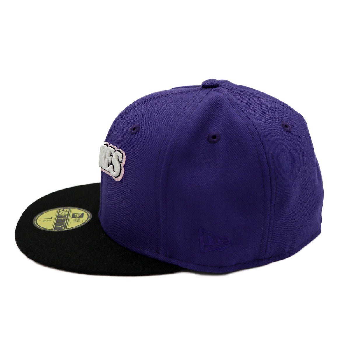 A 2-tone purple and black fitted hat with the San Diego Padres script logo, a 25th Anniversary side patch, and a pink under visor.