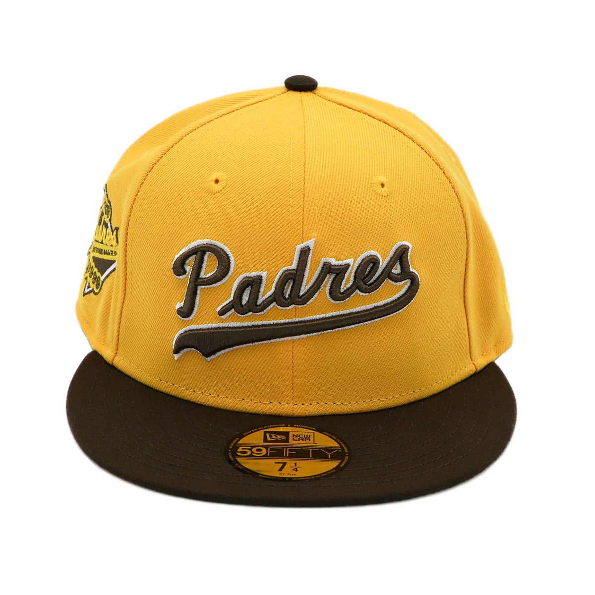 A fitted hat with the San Diego Padres logo, featuring a two-tone brown and yellow design with a green under visor.