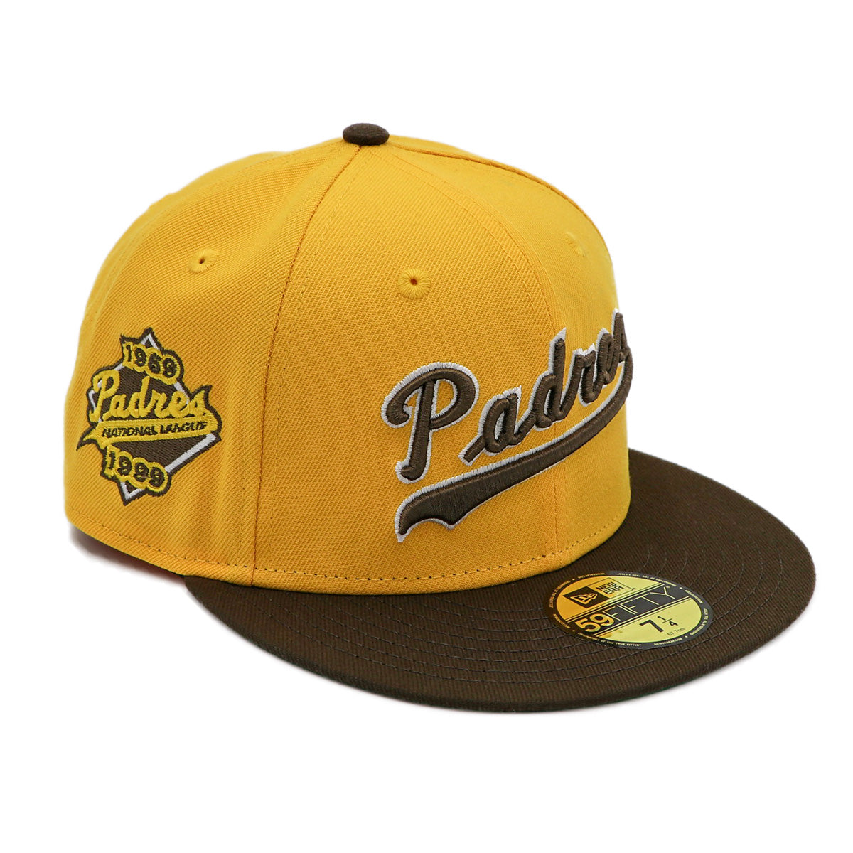 A fitted hat with the San Diego Padres logo, featuring a two-tone brown and yellow design with a green under visor.