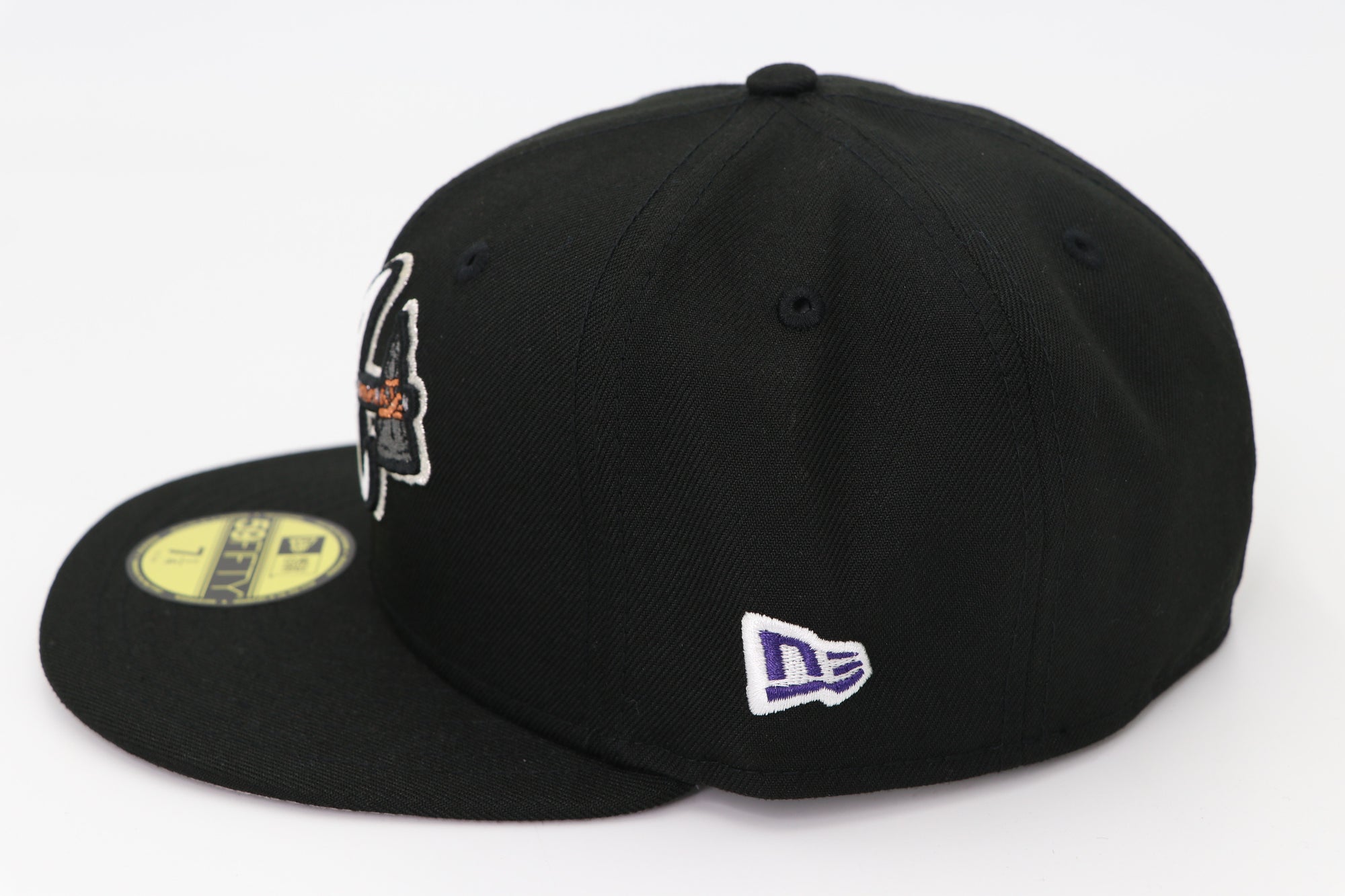 Black baseball cap with logos on a white background