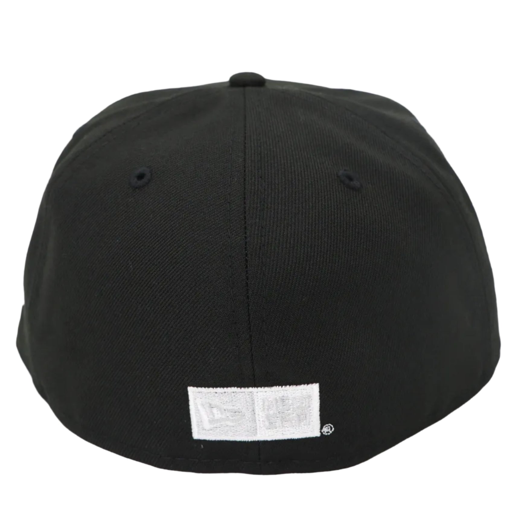 Black cap with a brand label on a white background