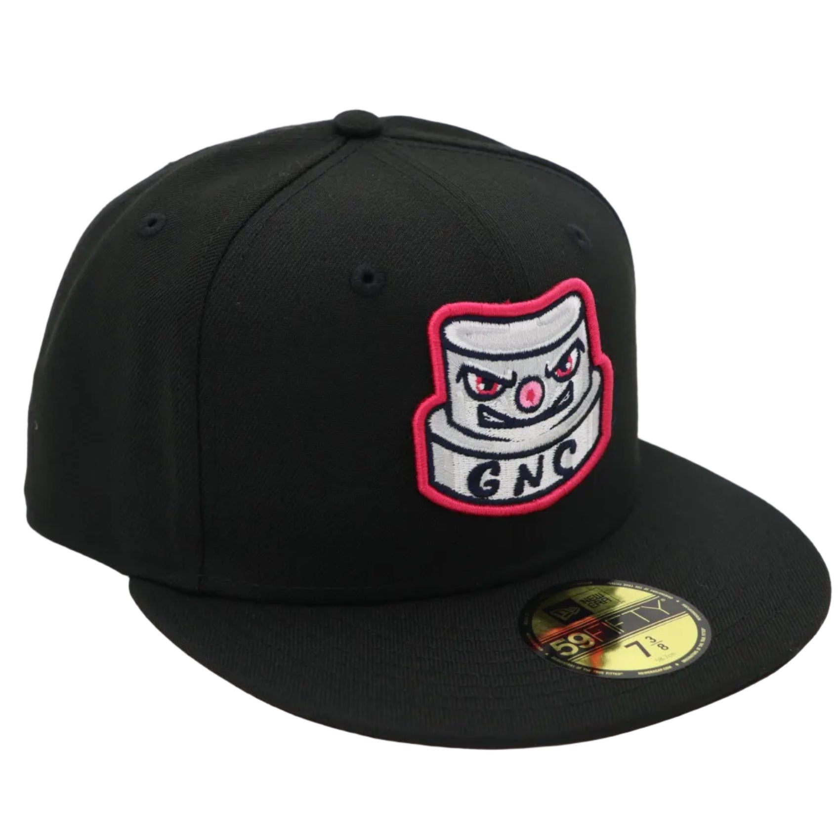 Black cap with a logo featuring a character and 'GNC' text on a white background