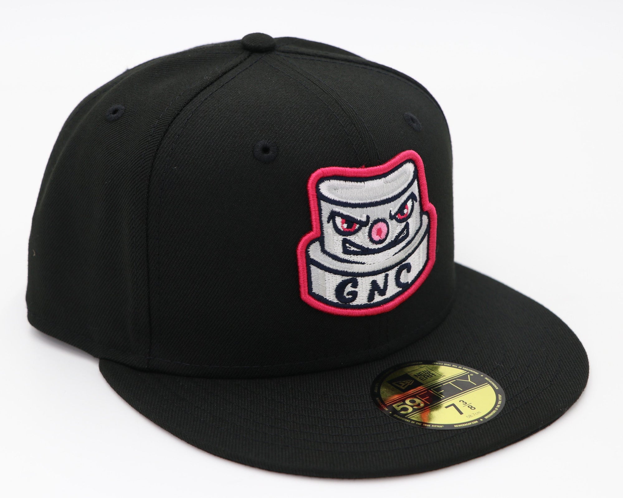 Black cap with a logo featuring a character and 'GNC' text on a white background