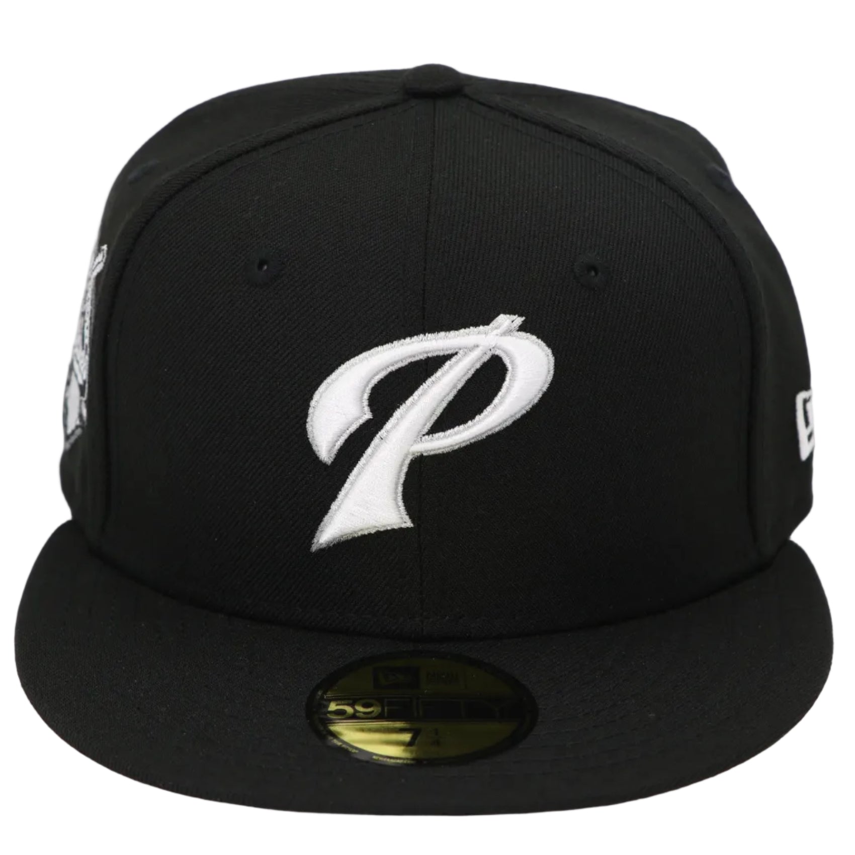 Black baseball cap with a white logo on a white background