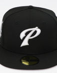 Black baseball cap with a white logo on a white background