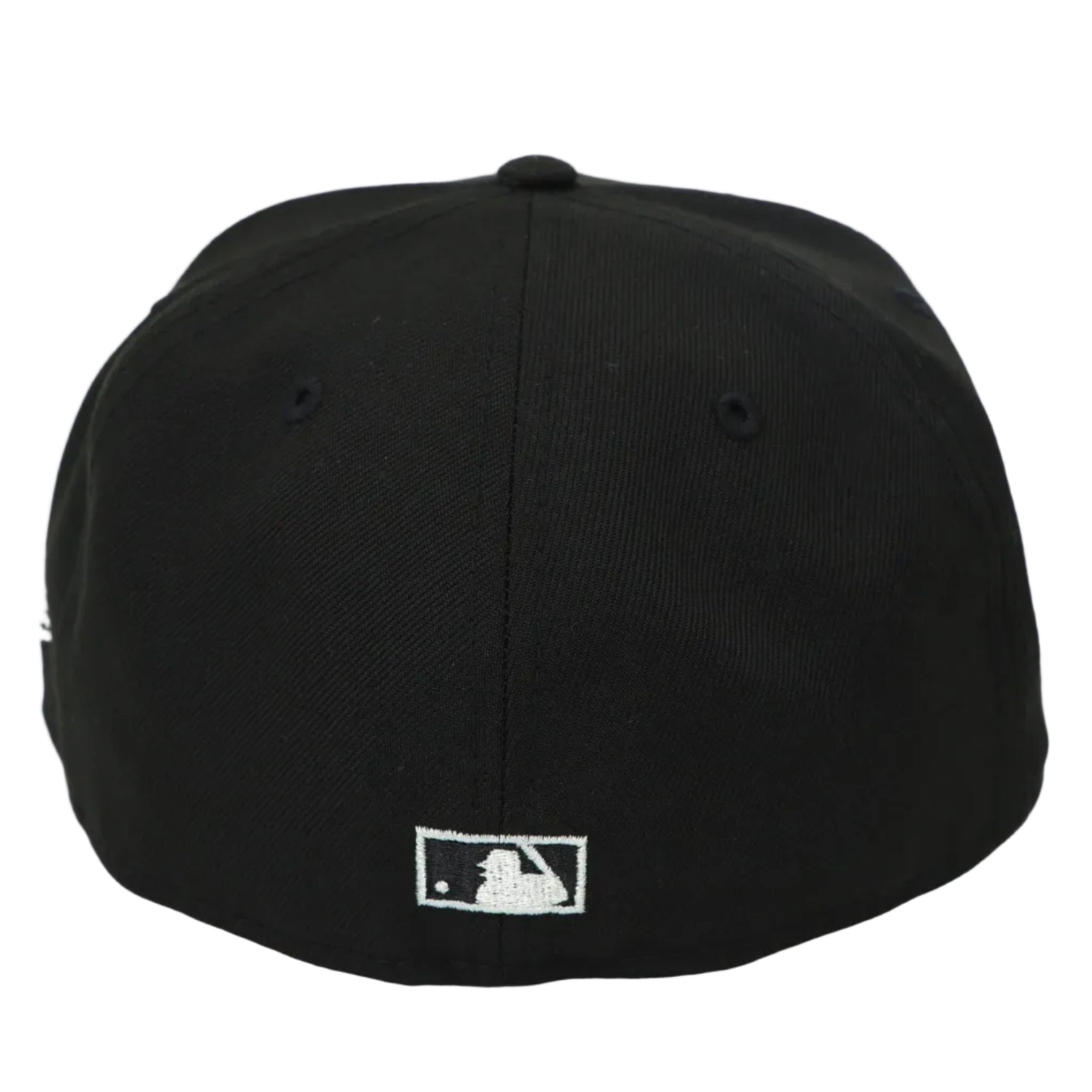 Black baseball cap with a logo on the back against a white background
