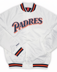 White jacket with 'Padres' text and team colors on a white background